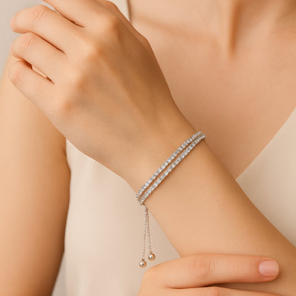 Trendy Double Row Silver Bracelet With Sparkling CZ Stones