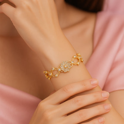 Vintage Floral Rose Gold Bracelet With Sparkling Accents - Boho Chic Style