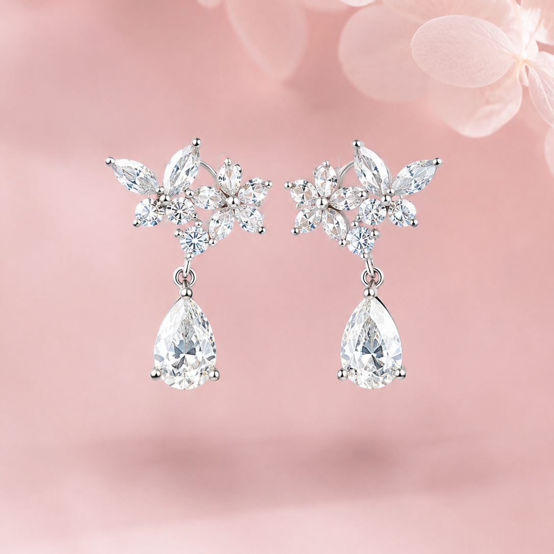 Elegant Silver Floral Drop Earrings