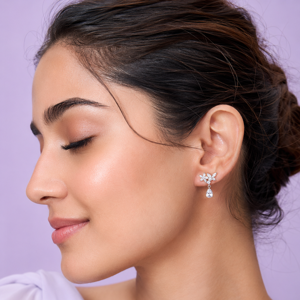 Elegant Silver Floral Drop Earrings