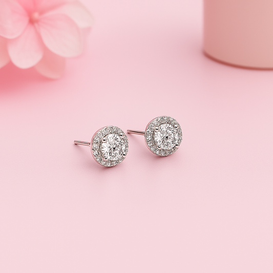 Sparkling Halo Silver Stud Earrings