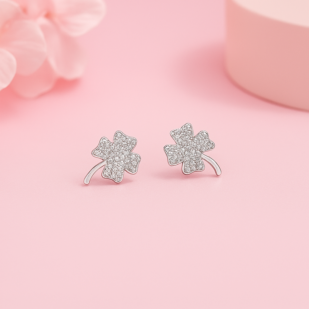 Sparkling Four-Leaf Clover Silver Stud Earrings