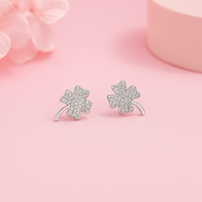 Sparkling Four-Leaf Clover Silver Stud Earrings