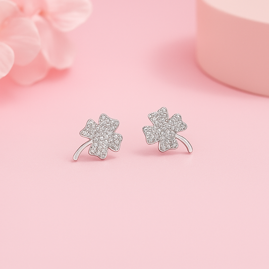 Sparkling Four-Leaf Clover Silver Stud Earrings