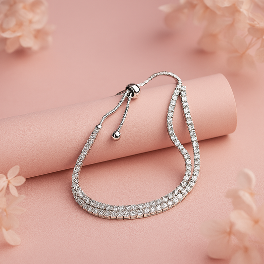 Trendy Double Row Silver Bracelet With Sparkling CZ Stones