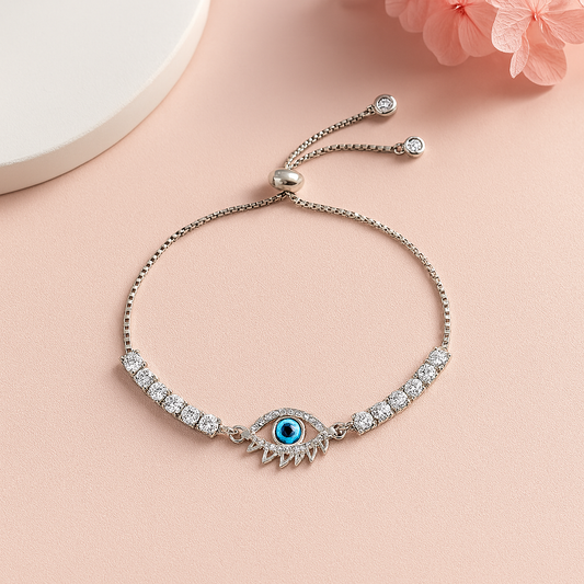 Minimal Silver Bracelet with Sparkling Evil Eye