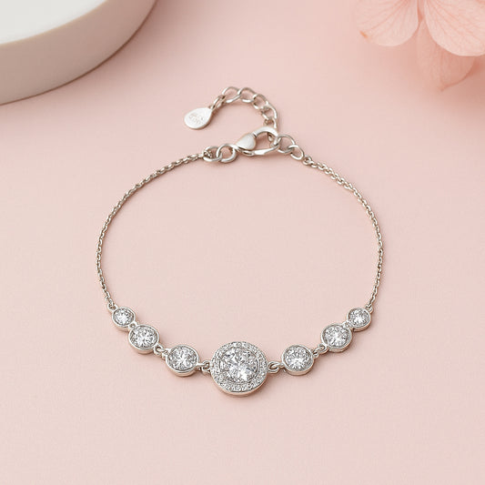 Silver Bracelet With Sparkling Round center Stone