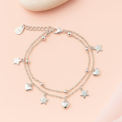 Layered Silver Charm Bracelet with Cute Hearts &amp; Stars