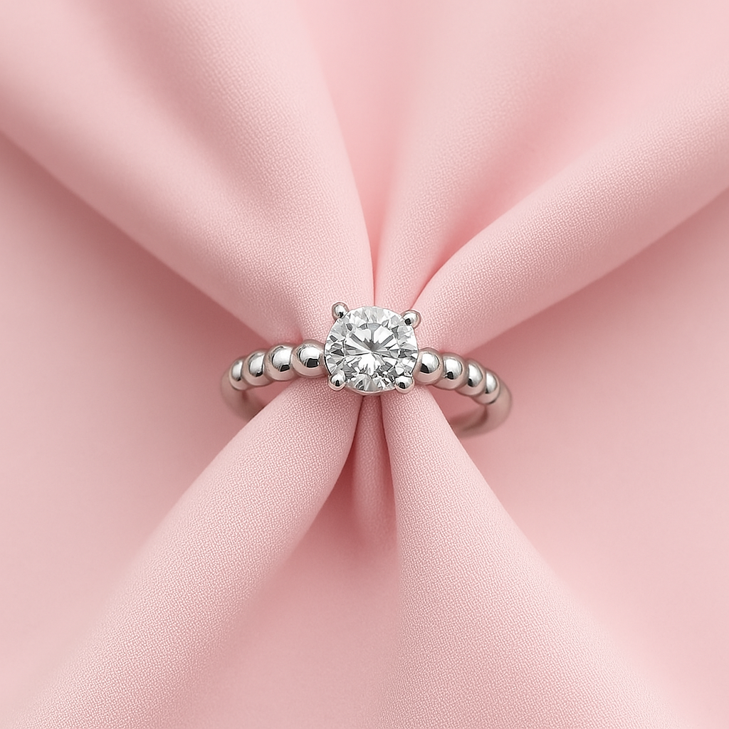 Classic Solitaire Beaded Sterling Silver Ring