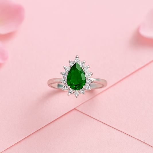 Teardrop Emerald Green Sterling Silver Ring