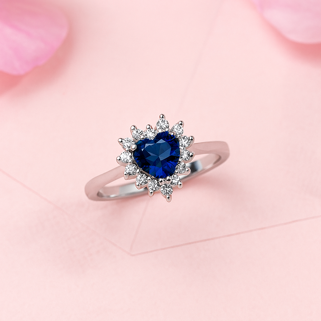 Silver Blue Heart Ring With Zircon Halo