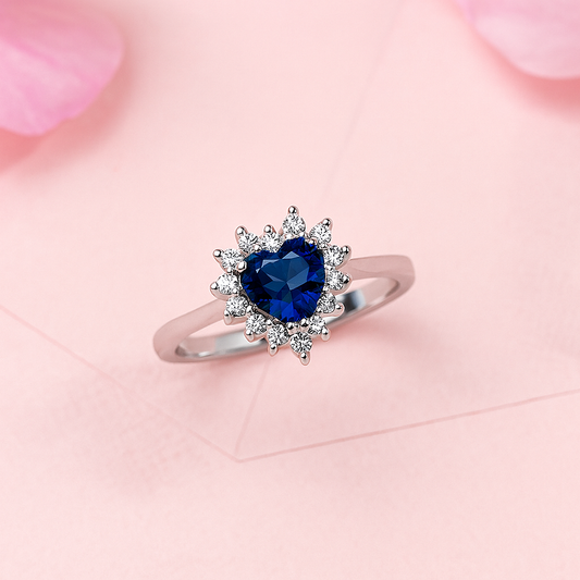 Silver Blue Heart Ring With Zircon Halo
