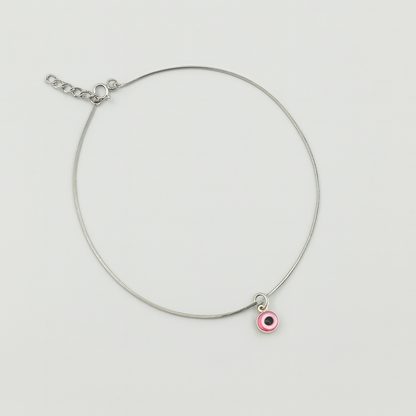 Silver pink evil eye anklet – minimal, stylish, and protective
