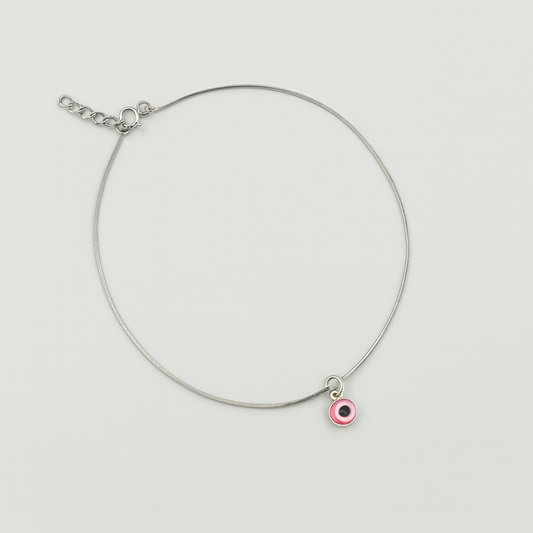 Silver pink evil eye anklet – minimal, stylish, and protective