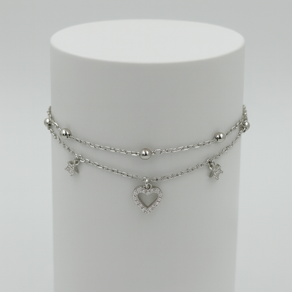 Layered Silver Bracelet with Sparkling Heart &amp; Star Charms