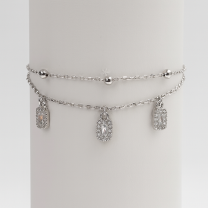 Layered Silver Chain Bracelet with Sparkling Charms