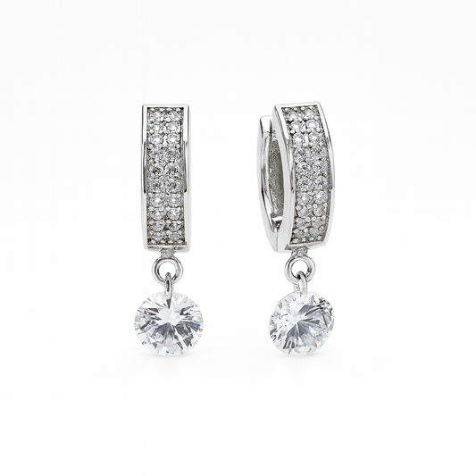 Silver hoop earrings with solitaire drop