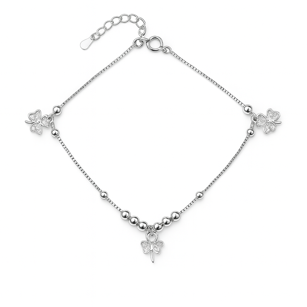 Silver Anklet With Clover Charms Elegant and Lucky