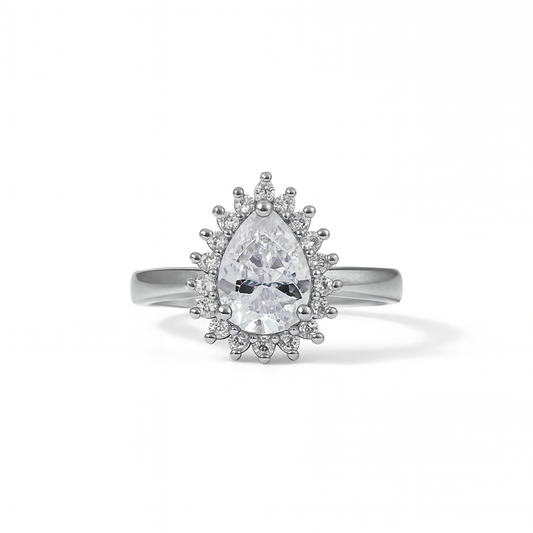 Silver Pear-Cut White Stone Ring