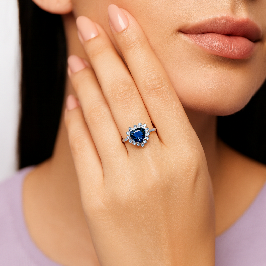 Silver Blue Heart Ring With Zircon Halo