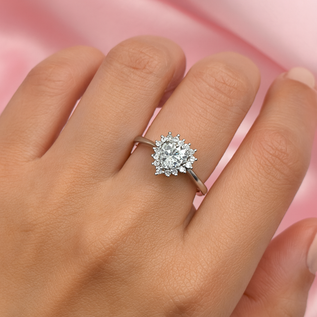 Heart-Shaped Halo Sterling Silver Engagement Ring