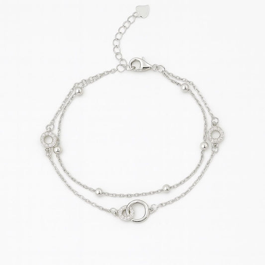 Layered Silver Chain Bracelet with Sparkling Circle Charms