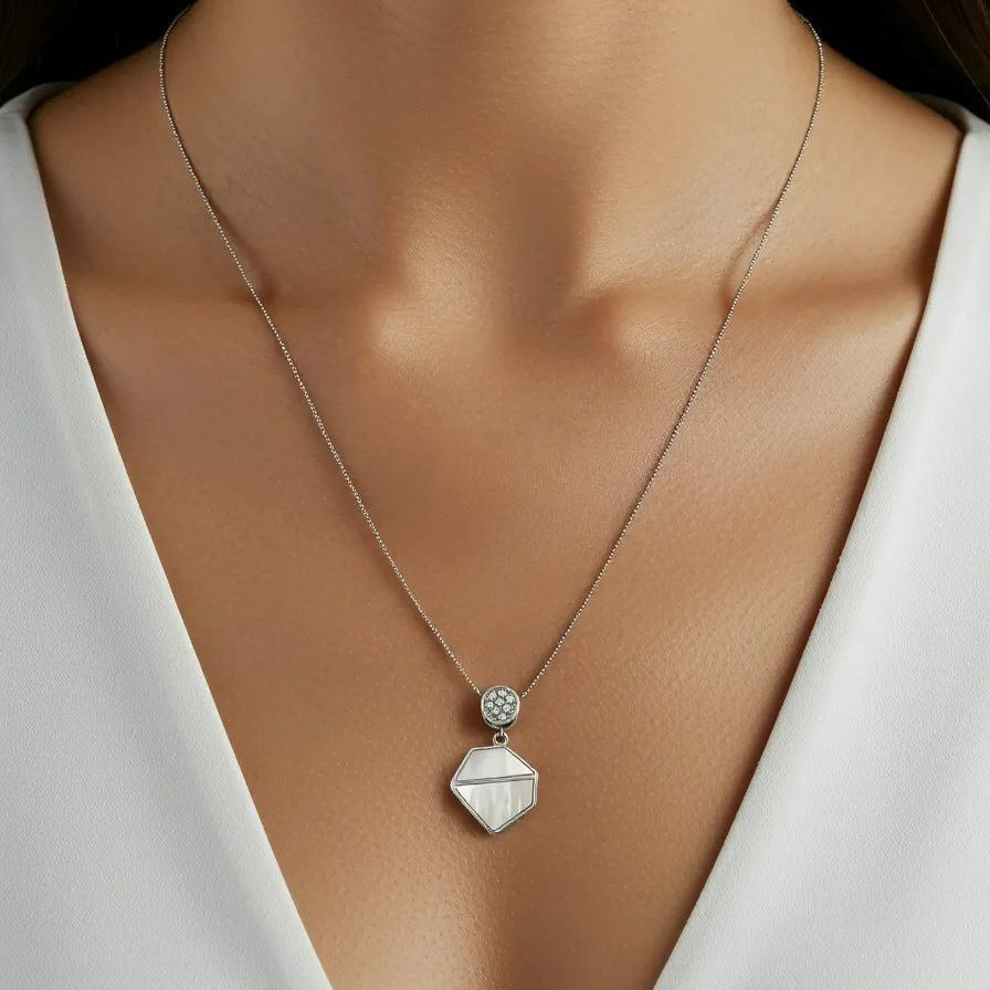Modern Geometric Mother of Pearl Silver Pendant