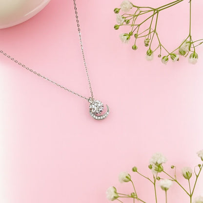Sterling Silver Crescent Moon and Solitaire Pendant Necklace