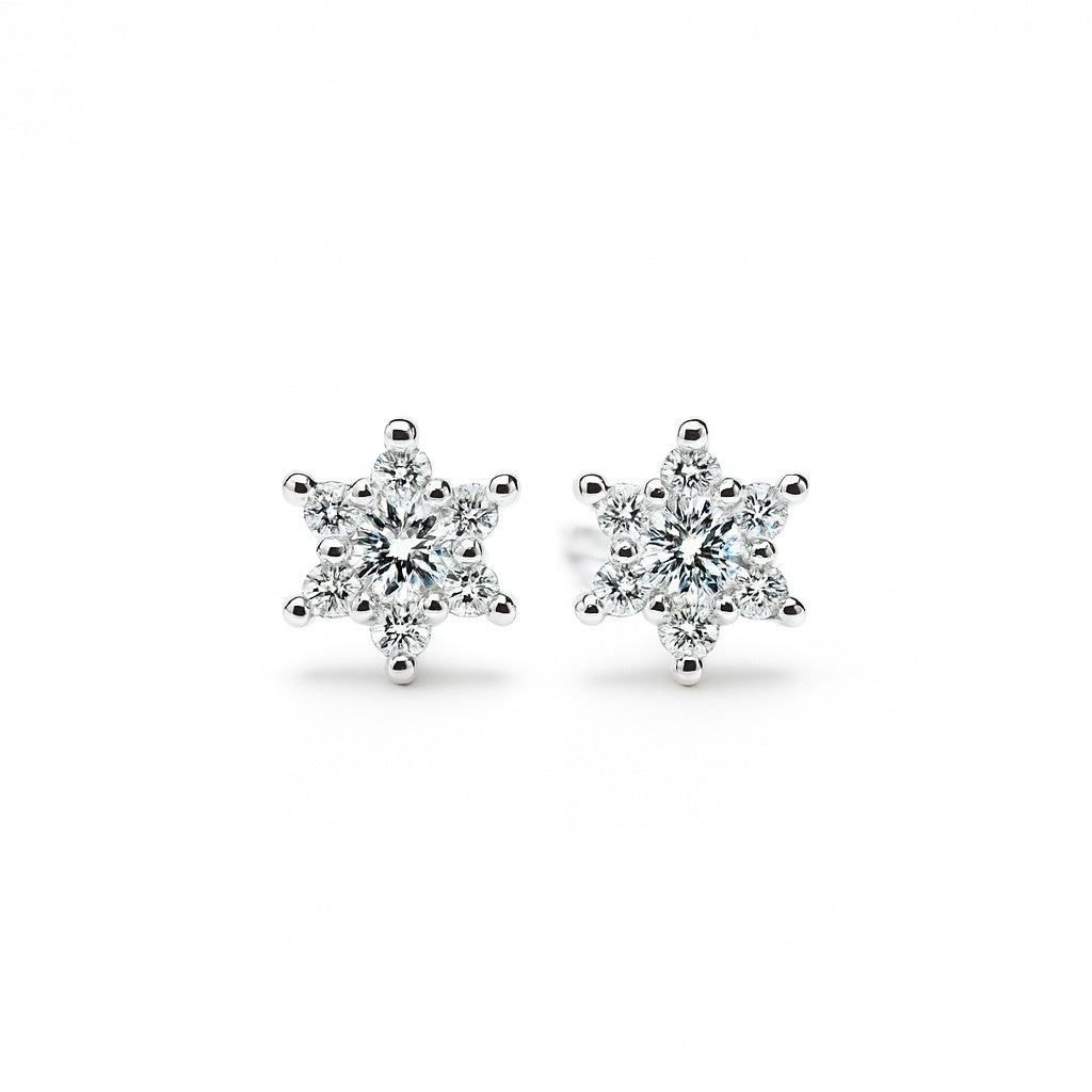 Pair of snowflake-shaped silver earrings on a white background
