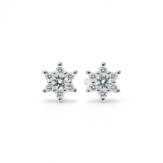 Pair of snowflake-shaped silver earrings on a white background