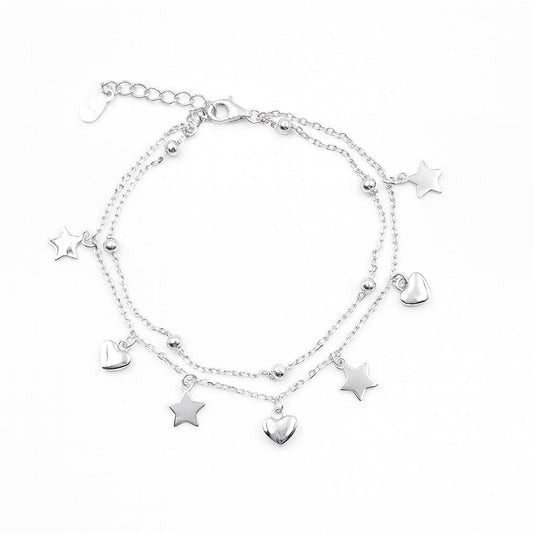 Layered Silver Charm Bracelet with Cute Hearts & Stars