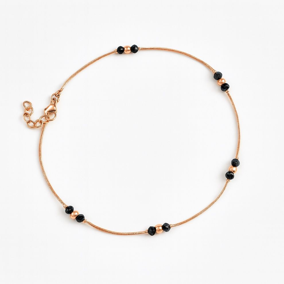 Rose gold silver anklet with black bead accents