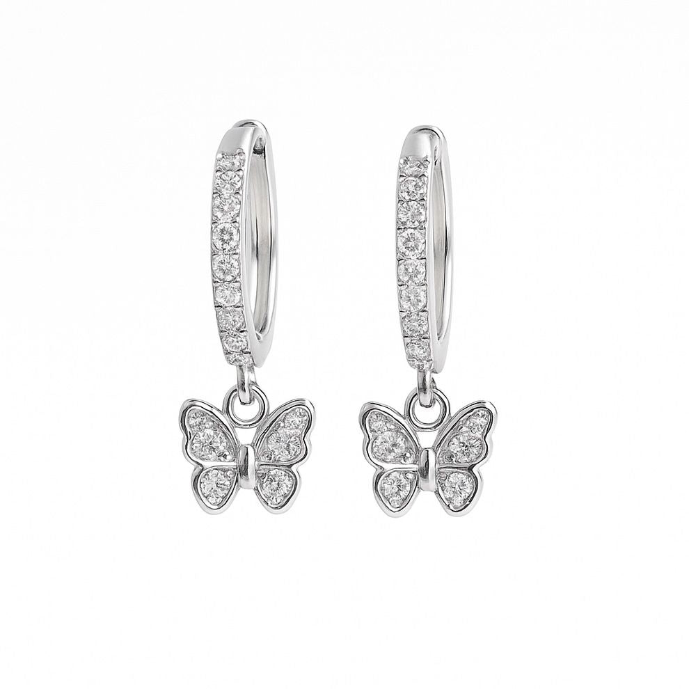 Butterfly earrings with diamond accents on a white background