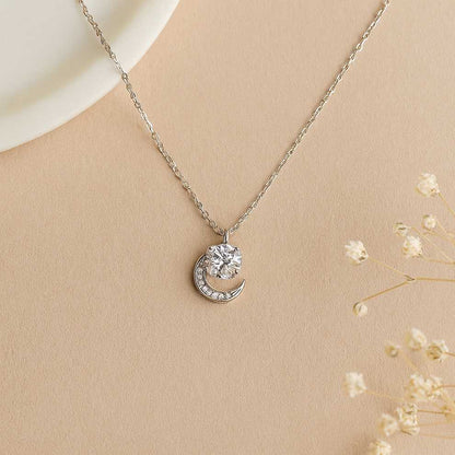 Sterling Silver Crescent Moon and Solitaire Pendant Necklace