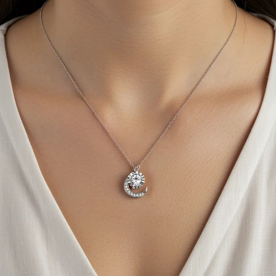 Sterling Silver Crescent Moon and Solitaire Pendant Necklace