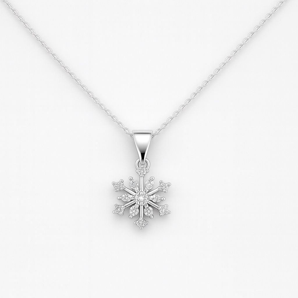 Silver snowflake pendant necklace on a white background