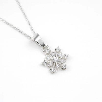 Silver snowflake pendant necklace on a white background