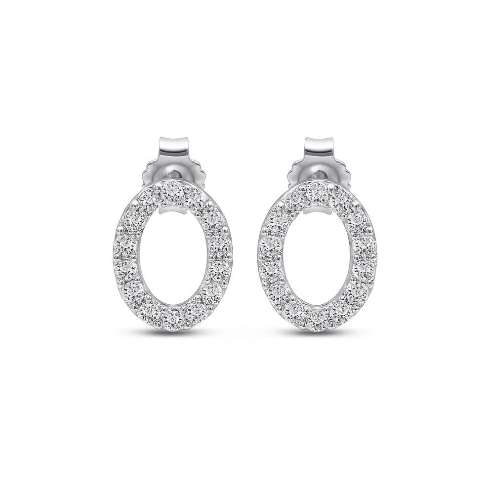 Pair of silver oval earrings with clear stones on a white background