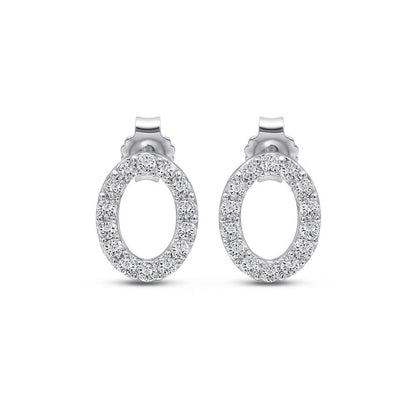 Pair of silver oval earrings with clear stones on a white background