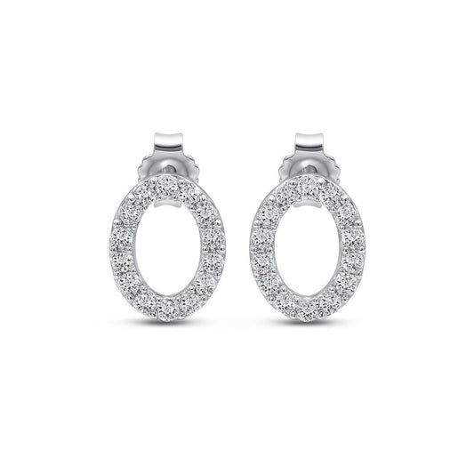 Pair of silver oval earrings with clear stones on a white background