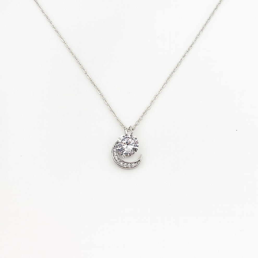 Sterling Silver Crescent Moon and Solitaire Pendant Necklace