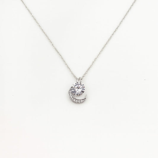 Sterling Silver Crescent Moon and Solitaire Pendant Necklace