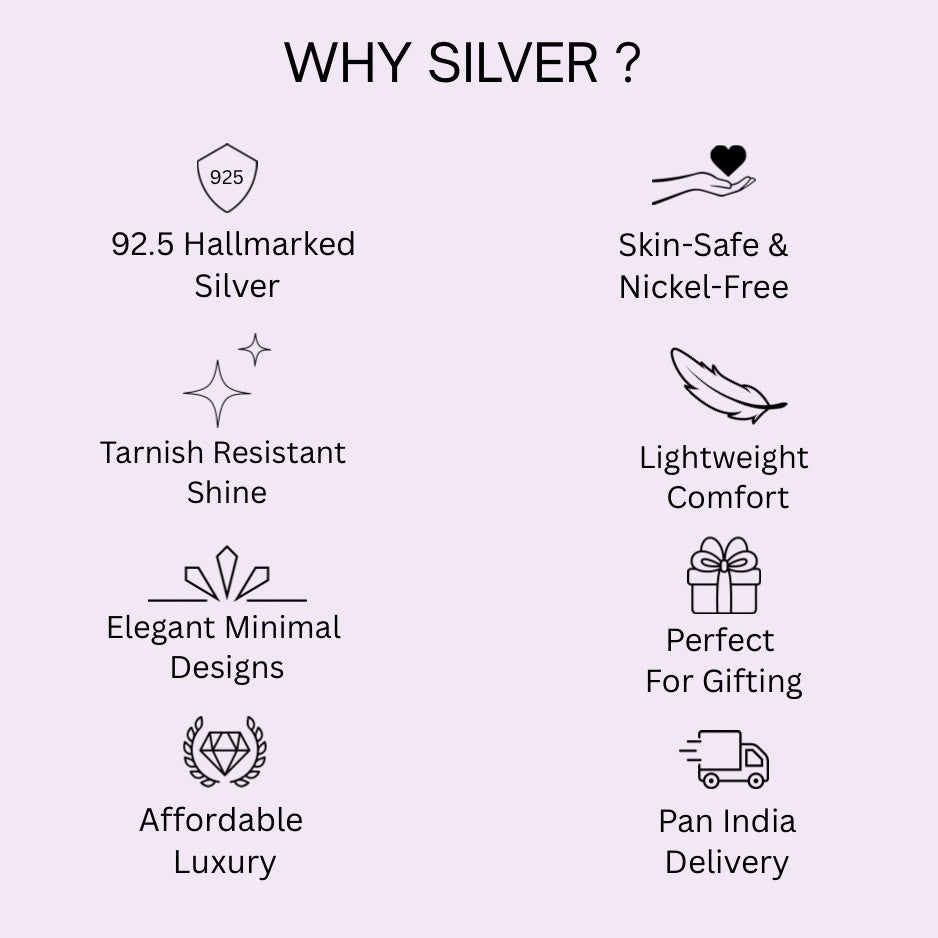 List of reasons why silver is preferred, each accompanied by a symbol on a light purple background, shiny silver seoda