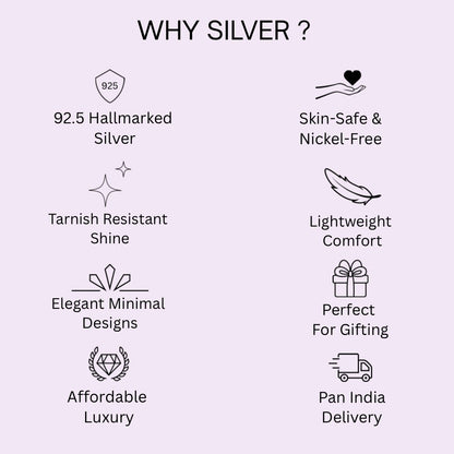 List of reasons why silver is preferred, each accompanied by a symbol on a light purple background, shiny silver seoda