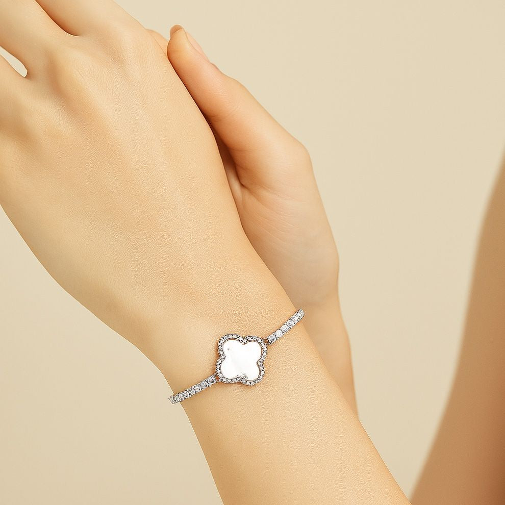 Silver bracelet on a young women wrist, perfect for outings