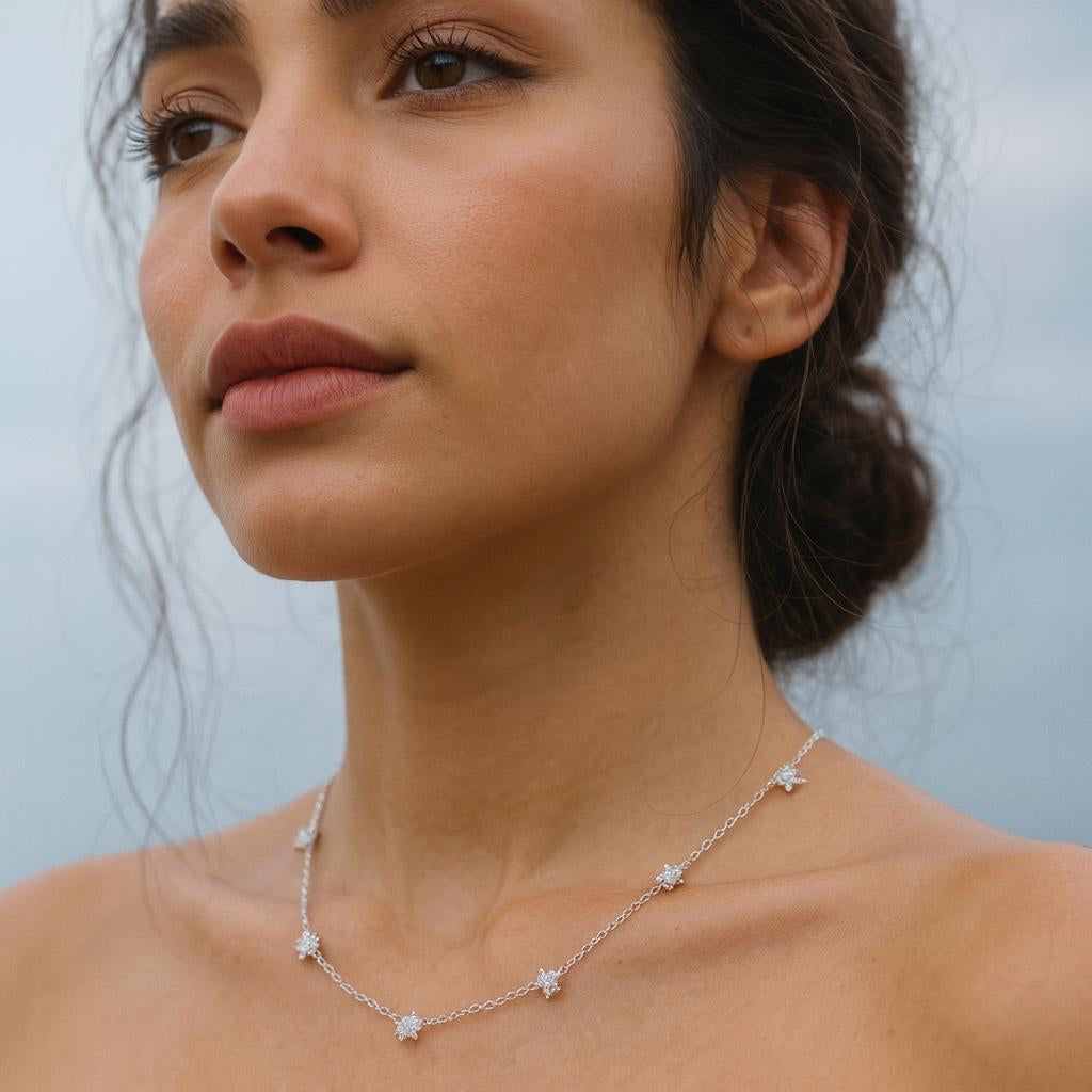 Woman wearing a delicate silver necklace against a sky background